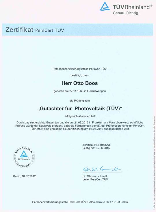 Gutachter für Photovoltaik - Zertifikat